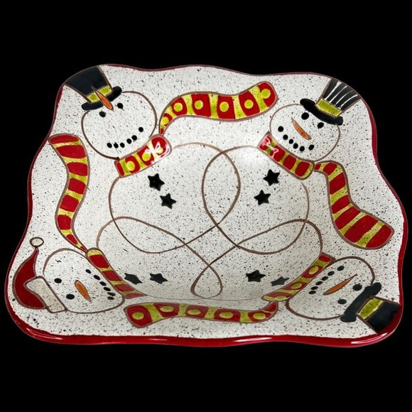 Grasslands Road Pottery Snowman Bowl Hats Winter Christmas Holiday Speckled Red - Picture 1 of 9
